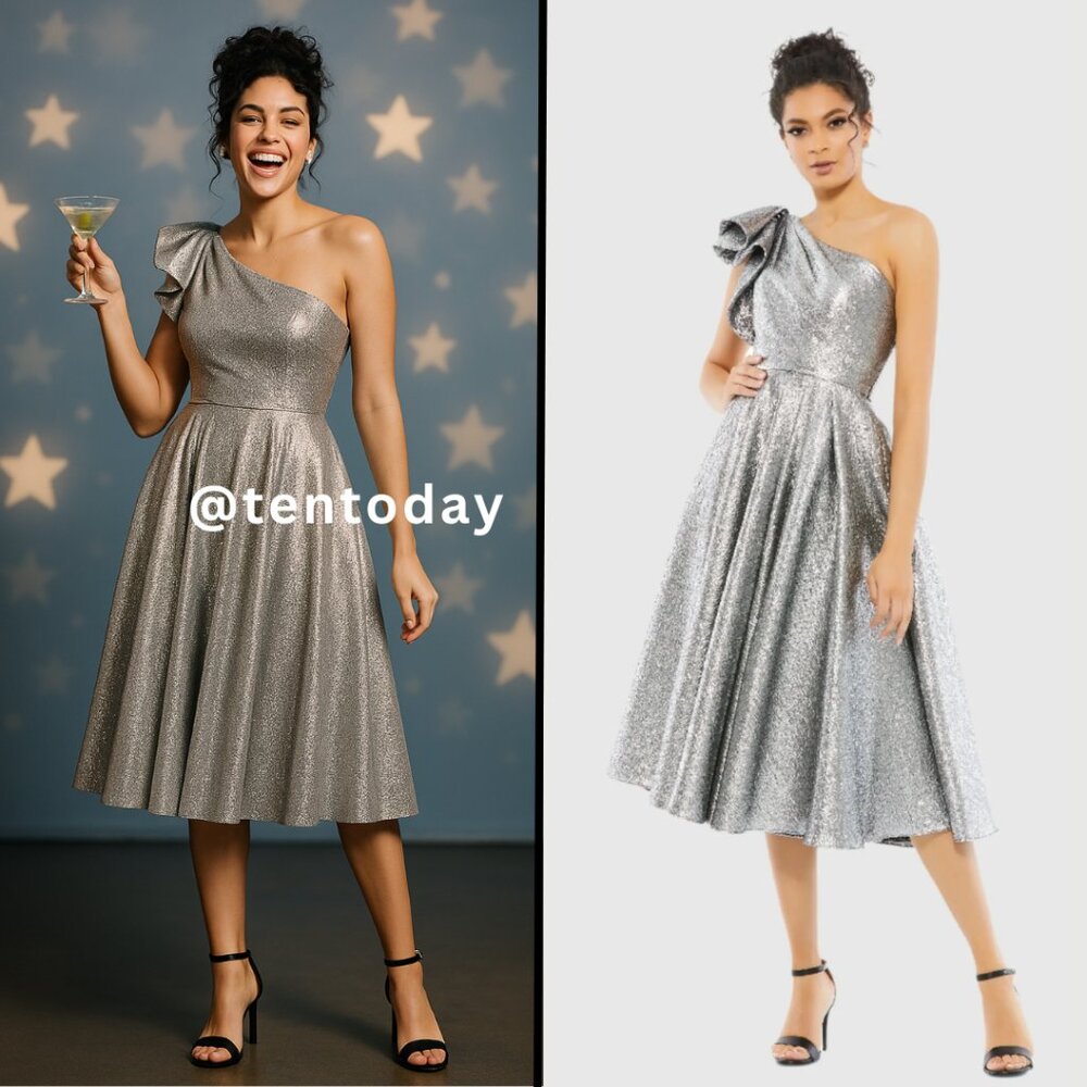 Mac Duggal Size 22 Metallic Silver‎ Brocade One Shoulder Ruffle Midi Gown Dress